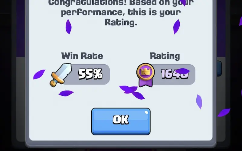 Clash Royale Ranked Mode result showing a 1,640 rating