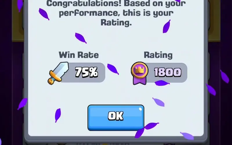 Clash Royale Ranked Mode result showing a 1,800 rating