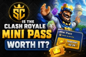 Clash Royale Mini Pass featured image showing the King character celebrating beside flying reward cards and the in-game Mini Pass upgrade panel.