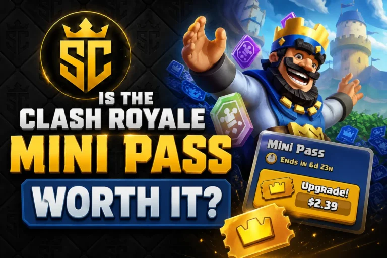 Clash Royale Mini Pass featured image showing the King character celebrating beside flying reward cards and the in-game Mini Pass upgrade panel.