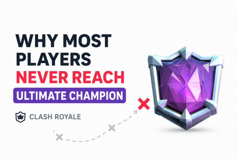 Minimalist Clash Royale featured image showing the Ultimate Champion badge with the text "Why Most Players Never Reach Ultimate Champion" and a question mark in the background, representing the challenges players face when climbing Ranked mode.
