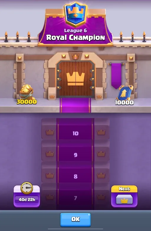 Clash Royale Path of Legends in-game screen showing League 6 Royal Champion rank with 30000 gold and 10000 token rewards and season progression levels