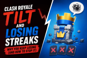 Clash Royale losing streak featured image showing a damaged King Tower, three defeated battle cards with red X marks, and bold text about tilt and losing streaks, representing player frustration and trophy loss.