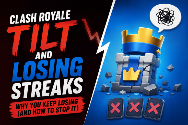 Clash Royale losing streak featured image showing a damaged King Tower, three defeated battle cards with red X marks, and bold text about tilt and losing streaks, representing player frustration and trophy loss.