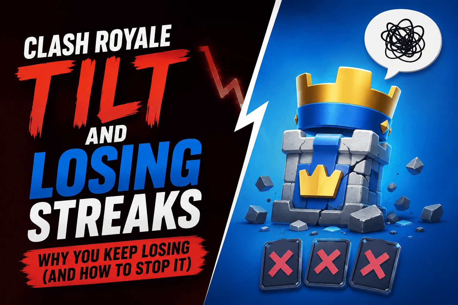 Clash Royale losing streak featured image showing a damaged King Tower, three defeated battle cards with red X marks, and bold text about tilt and losing streaks, representing player frustration and trophy loss.