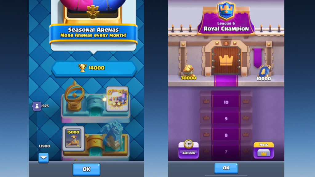 Clash Royale in-game home screen showing Trophy Road trophies and Path of Legends ranked mode interface
