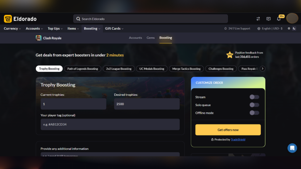 Eldorado.gg Clash Royale boosting listings page showing multiple sellers bidding on trophy push and challenge win orders