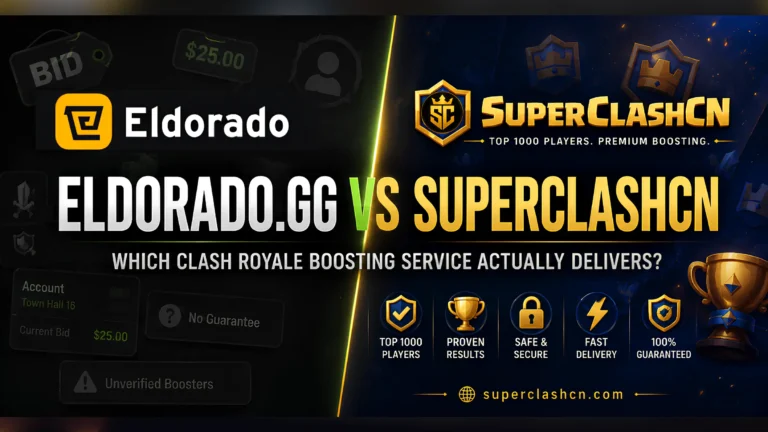 Split screen comparison graphic of Eldorado.gg versus SuperClashCN Clash Royale boosting services showing brand logos and key differences side by side