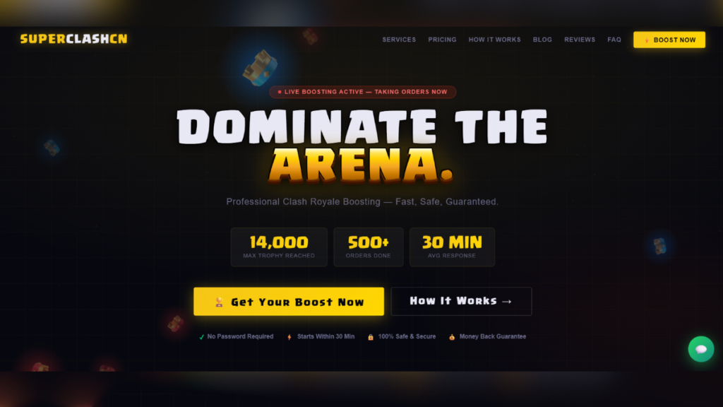 SuperClashCN official website homepage at superclashcn.com showing Clash Royale boosting services including Grand Challenge wins, Trophy Road push and Ranked Mode boost