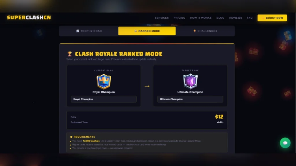 SuperClashCN Clash Royale Ranked Mode boost pricing page showing Royal Champion to Ultimate Champion boost for $12 with 4 to 8 hour estimated delivery time