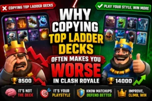 Clash Royale illustration showing a player losing trophies after copying top ladder decks versus a player gaining trophies by using a deck that matches their playstyle and skill level.