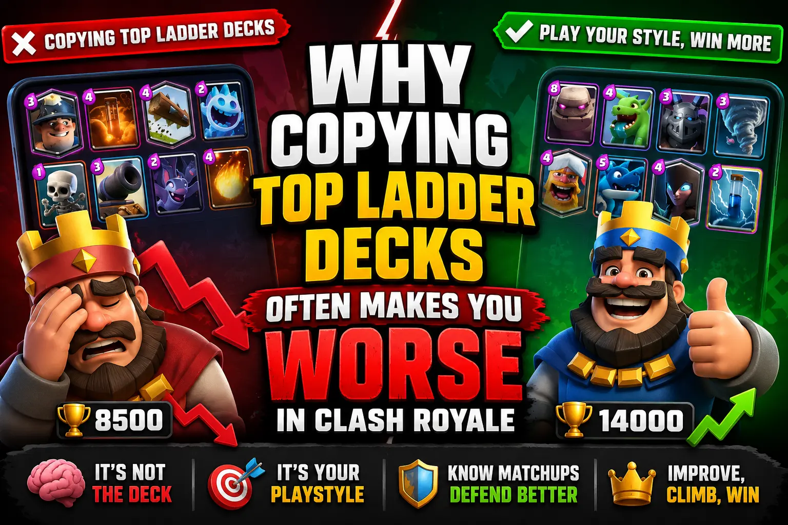 Clash Royale illustration showing a player losing trophies after copying top ladder decks versus a player gaining trophies by using a deck that matches their playstyle and skill level.
