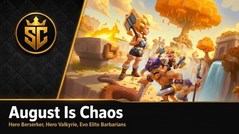 Clash Royale August 2026 featured image showing Hero Berserker, Hero Valkyrie and Evo Elite Barbarians with SuperClashCN branding.